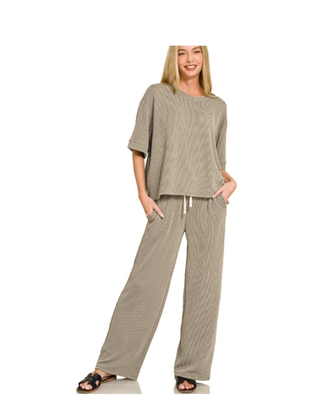 ZENANA Raised rib short sleeve tee & pants set NEW Sizes: S, M, L
